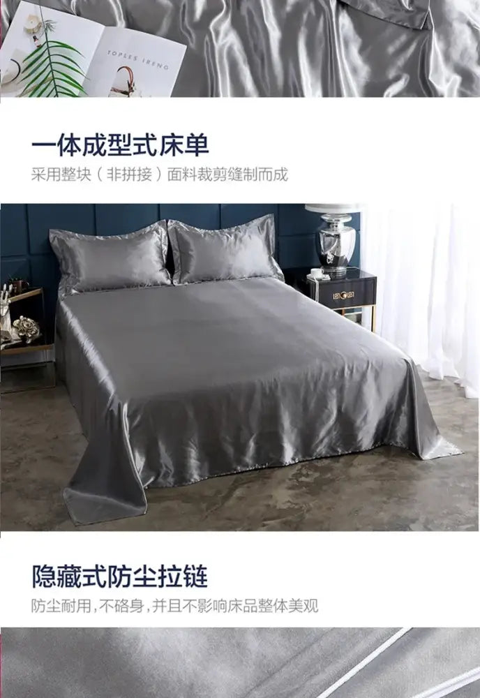 Silver satin bed sheet set from DecorBites™ premium bedding collection crafted from single fabric pcs suitable for duvet cover