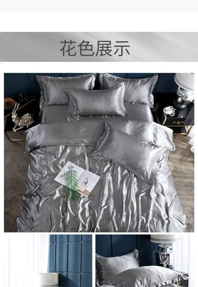 Silver satin bed sheet and duvet cover set with glossy finish and ruffled edges from DecorBites™ premium collection pcs suitable