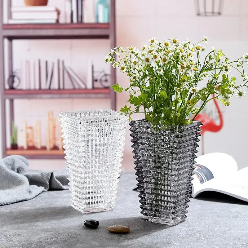 Decorbites premium crystal glass vase set with clear and dark gray geometric ribbed textured glass vases for home décor