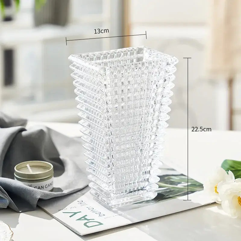 Decorbites premium crystal glass vase with textured grid pattern and flared sides for elegant home décor