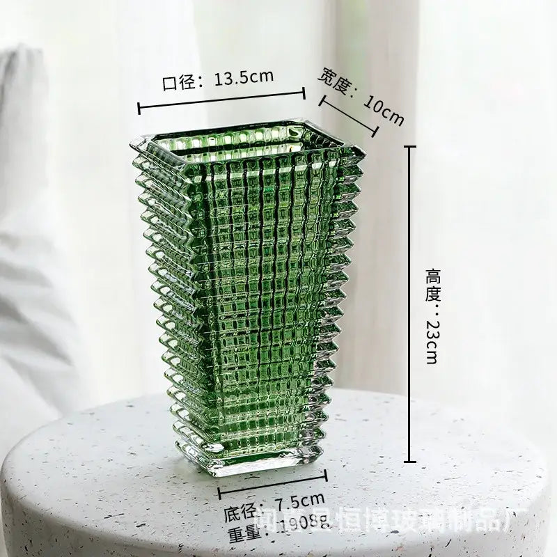 DecorBites™ premium crystal glass vase green translucent with geometric grid pattern and angular facets for home décor