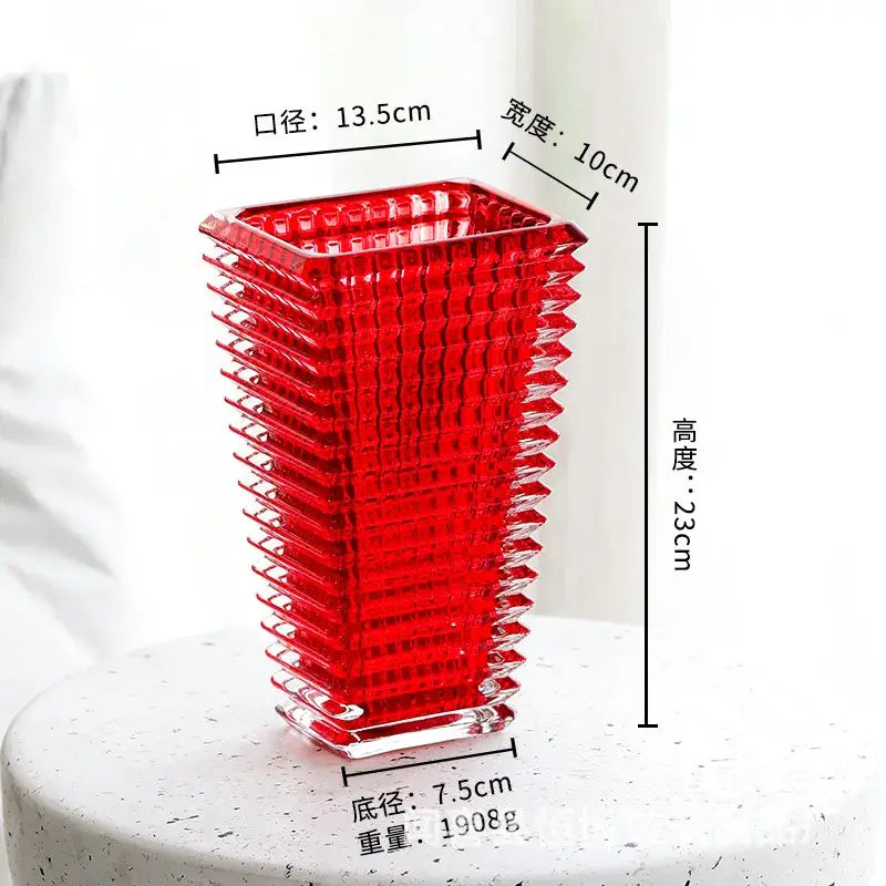 DecorBites™ premium crystal glass vase in vibrant red with textured faceted design and square profile for home décor