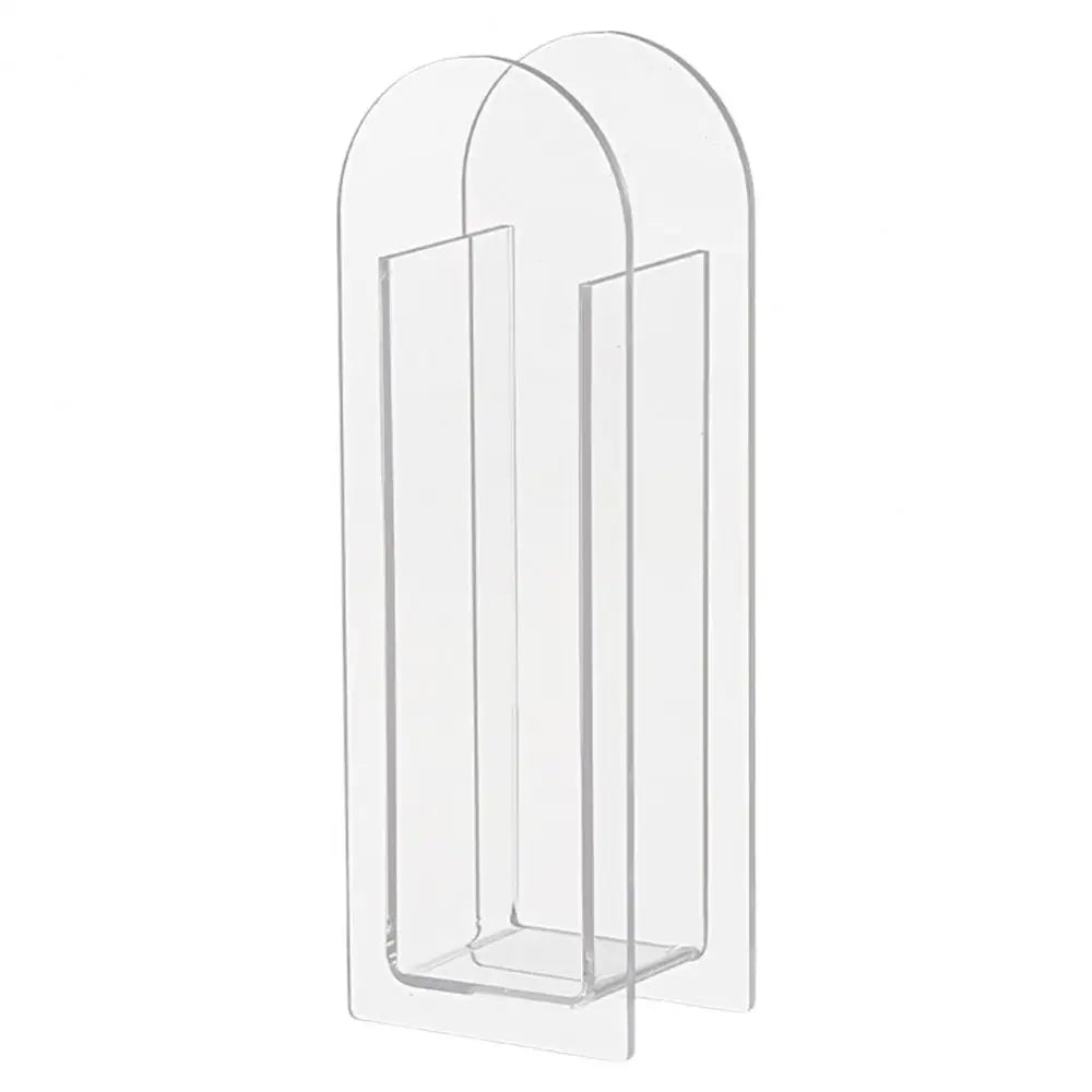 Clear acrylic double-sided display stand with arched top and rectangular base for nordic style rainbow color flower vase