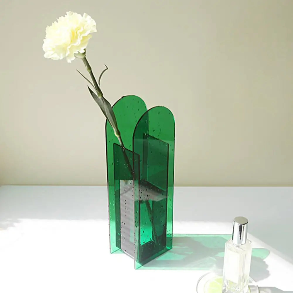 Emerald green translucent glass flower vase with modern geometric arches in nordic style decorbites rainbow color design