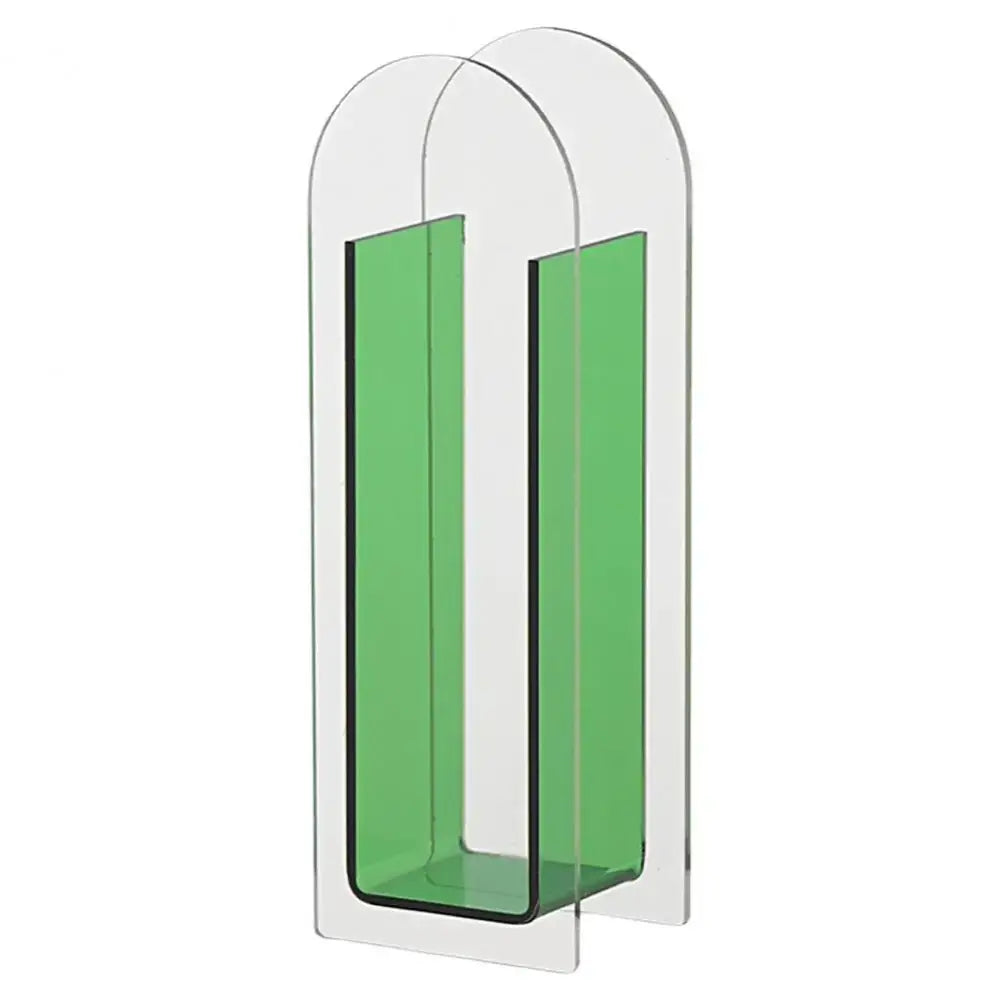Modern acrylic flower vase with rainbow color vibrant green panels and nordic style transparent arched sides