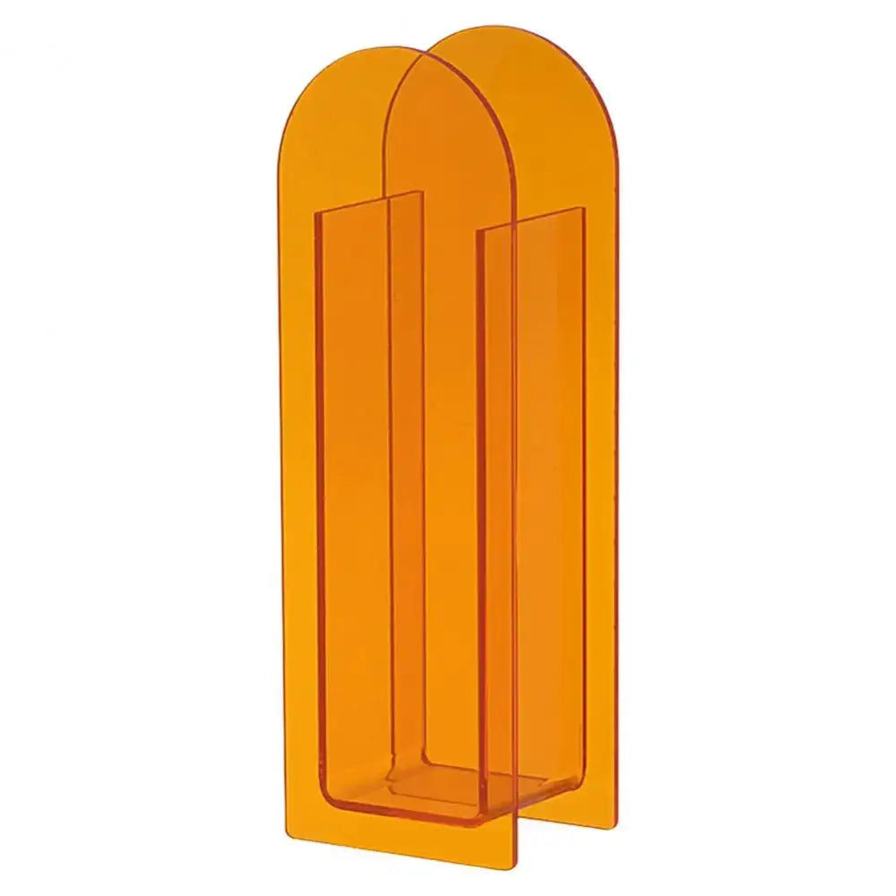 Orange translucent acrylic bookend with modern arched design complementing nordic style and rainbow color flower vase decor