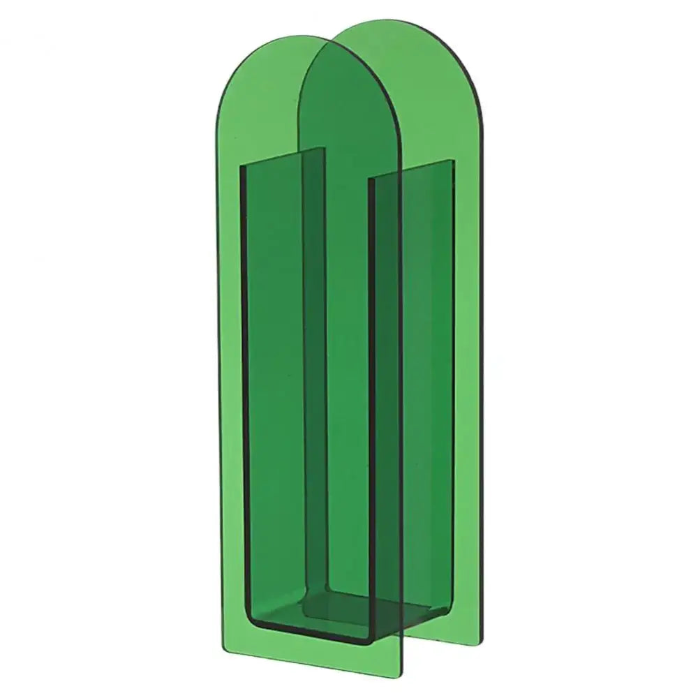 A sleek translucent green acrylic flower vase with modern arched design and vertical cutouts in nordic style