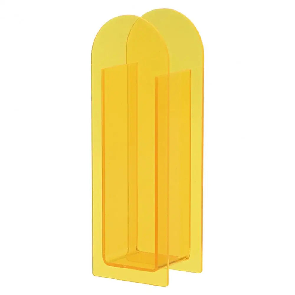 Translucent yellow acrylic flower vase with two arched vertical compartments in nordic style rainbow color design