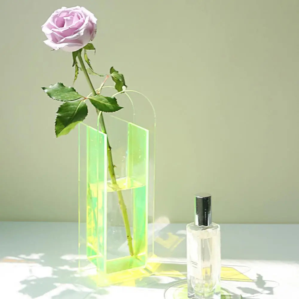Decorbites rainbow color translucent lime-green acrylic flower vase in nordic style holding a light purple rose