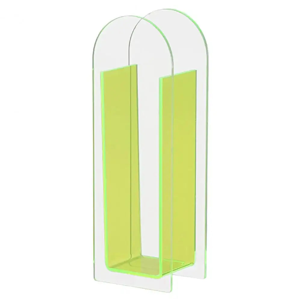 Transparent acrylic coat rack with lime green panels and arched top design in nordic style rainbow color flower vase decor