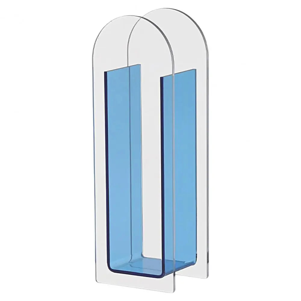 Transparent acrylic flower vase with two blue-tinted arched sections in nordic style rainbow color design by DecorBites