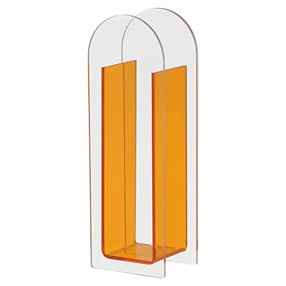 Transparent acrylic flower vase with two vertical orange panels and arched top in nordic style rainbow color design