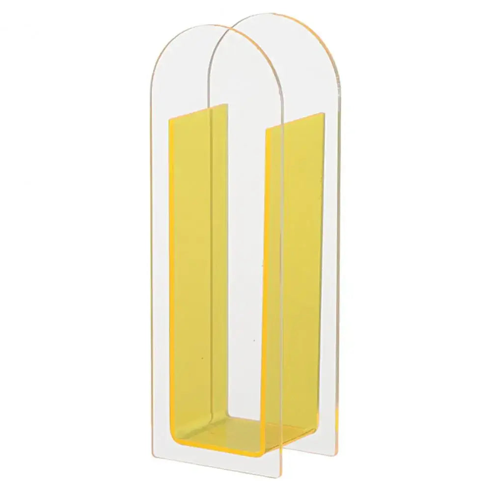 Transparent acrylic flower vase with two arched yellow-tinted panels in nordic style by DecorBites rainbow color design