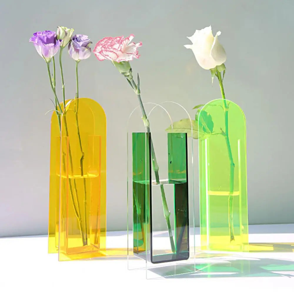 Decorbites™ nordic style flower vase set in vibrant translucent rainbow color acrylic in yellow green and lime hues