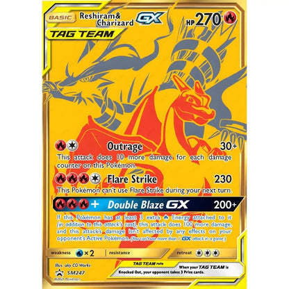 Rare japanese anime charizard cartoon card featuring yellow and red reshiram and charizard gx trading card artwork