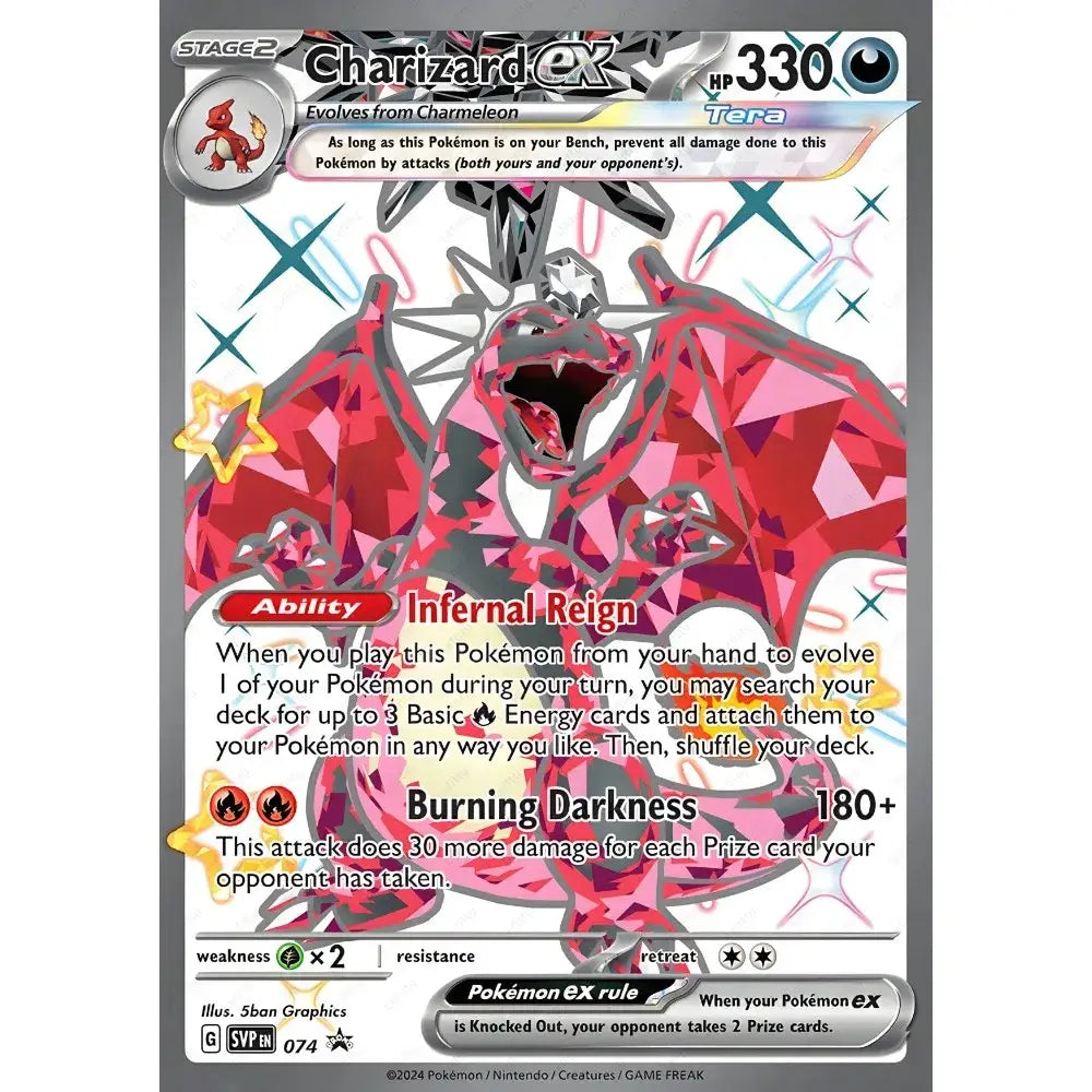 A vibrant red and black geometric charizard cartoon card with shiny metallic finish for japanese anime decoration art