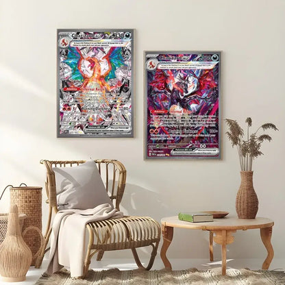 Two framed japanese anime charizard cartoon posters with vibrant blue orange and deep red purple designs for wall decor
