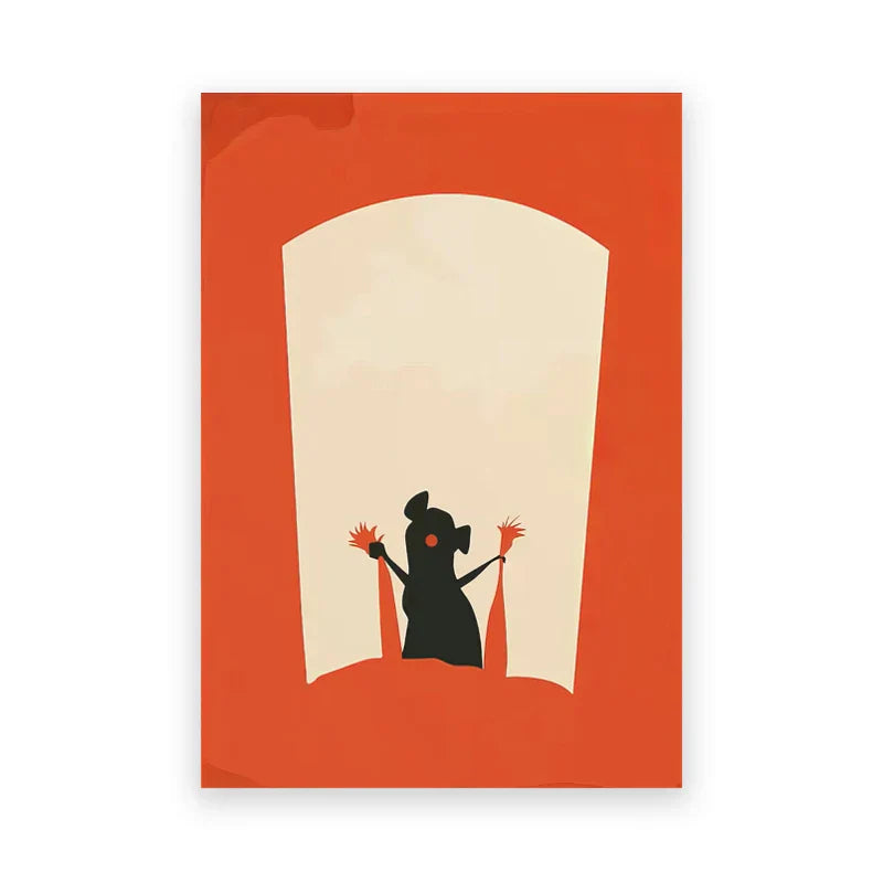 Orange rectangular art print featuring ratatouille cartoon art silhouette mouse with red pom-poms for kitchen decor