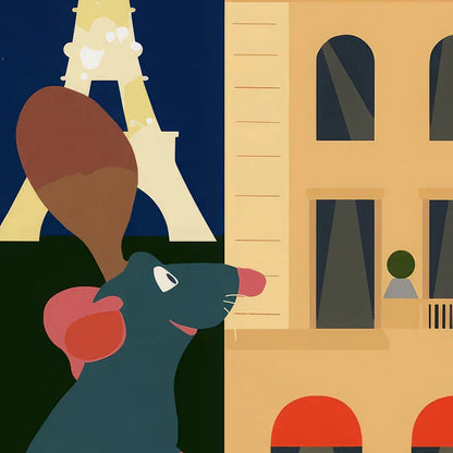 Decorbites™ ratatouille cartoon art print featuring a dark blue fur mouse with pink ears in front of a yellow building