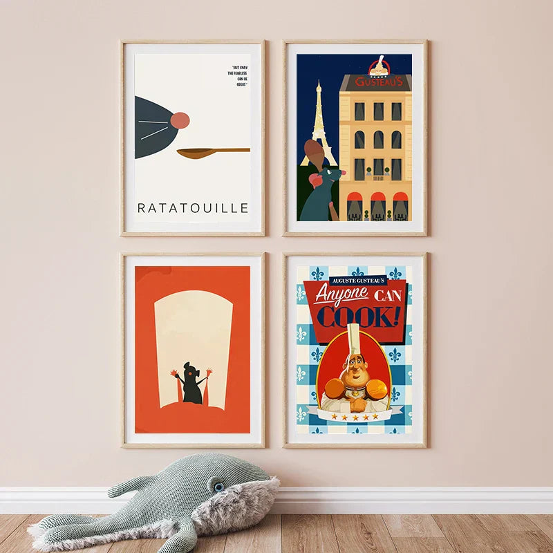 Set of four framed ratatouille cartoon art print featuring bold colors and clean lines for kitchen decor by DecorBites™
