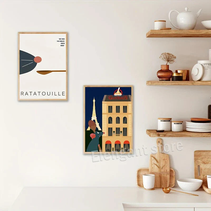 Two framed decorbites™ ratatouille cartoon art print featuring stylized rat and eiffel tower scenes for kitchen decor