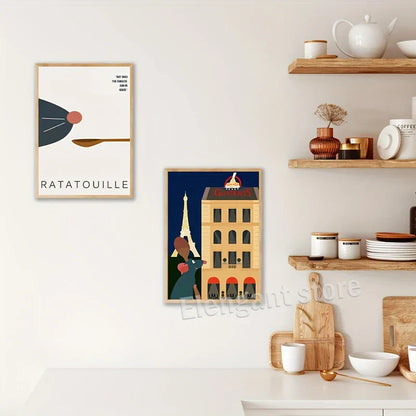 Two framed decorbites™ ratatouille cartoon art print featuring stylized rat and eiffel tower scenes for kitchen decor