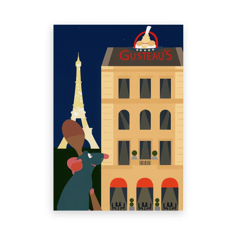 Illustrated dark blue rat ratatouille cartoon art print beside eiffel tower looking at gusteau’s restaurant under night sky