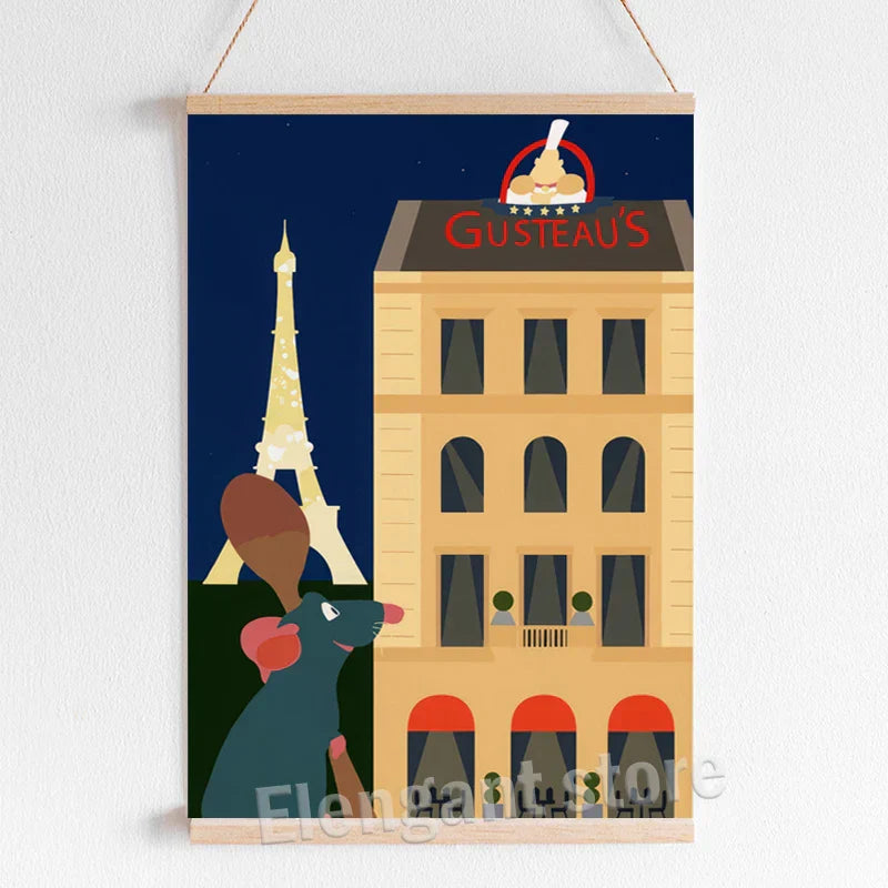 Framed art print of ratatouille cartoon art featuring a rat in front of gusteaus with eiffel tower at night for kitchen decor