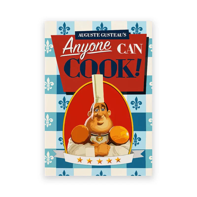A vibrant ratatouille cartoon art print featuring a retro chef on a blue checkered fleur-de-lis background for kitchen decor