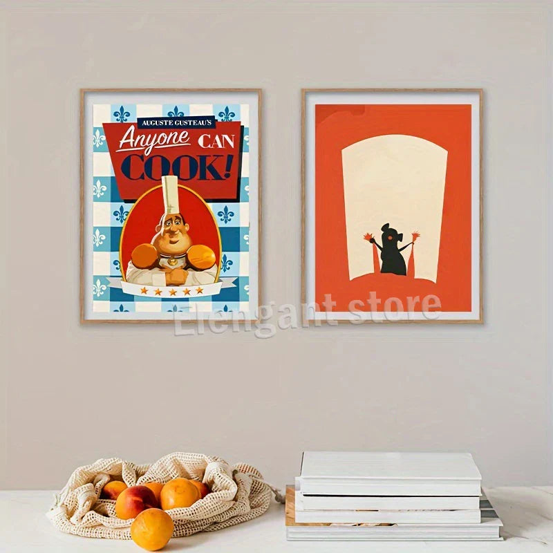 Two framed decorbites™ ratatouille cartoon art prints featuring a chef and mouse silhouette for kitchen decor