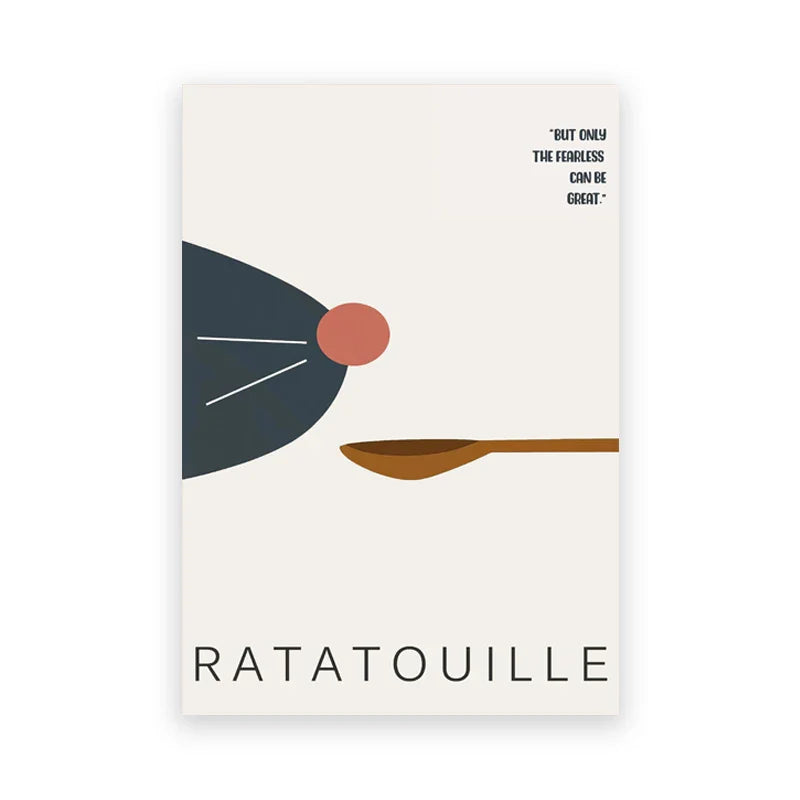 Decorbites™ ratatouille cartoon art print featuring a minimalist dark blue rat with orange spoon on cream background