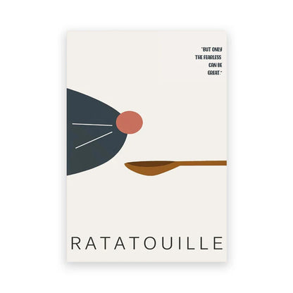 Decorbites™ ratatouille cartoon art print featuring a minimalist dark blue rat with orange spoon on cream background