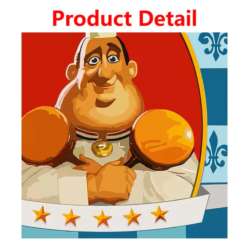 DecorBites™ ratatouille cartoon art print featuring a chef mascot with orange gloves and gold medallion apron for kitchen decor
