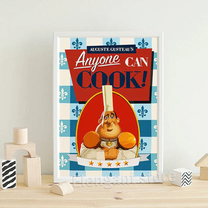 A framed decorbites™ ratatouille cartoon art print featuring a chef on red with blue and white checkered design