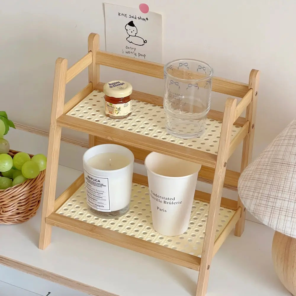 Light-colored wooden rattan 2-tier desktop organizer shelf with perforated beige mesh trays for efficient storage
