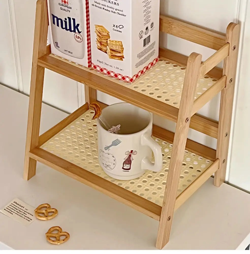 Decorbites™ rattan 2-tier desktop organizer shelf with light wood frame and perforated beige mesh trays for office use
