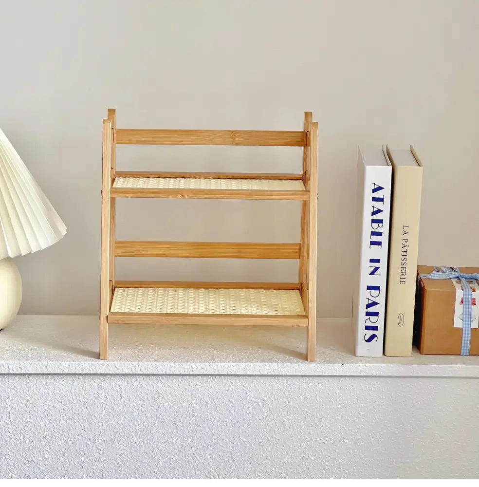 DecorBites™ rattan 2-tier desktop organizer shelf with minimalist bamboo frame and woven rattan shelves for desktop organization