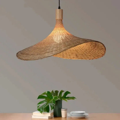 Decorbites™ rattan pendant light with dimmable bamboo shade warm-toned handwoven rattan hanging light with natural wood stem