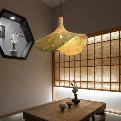 Decorbites™ rattan pendant light with dimmable warm golden-yellow bamboo shade and wooden top for ambient lighting
