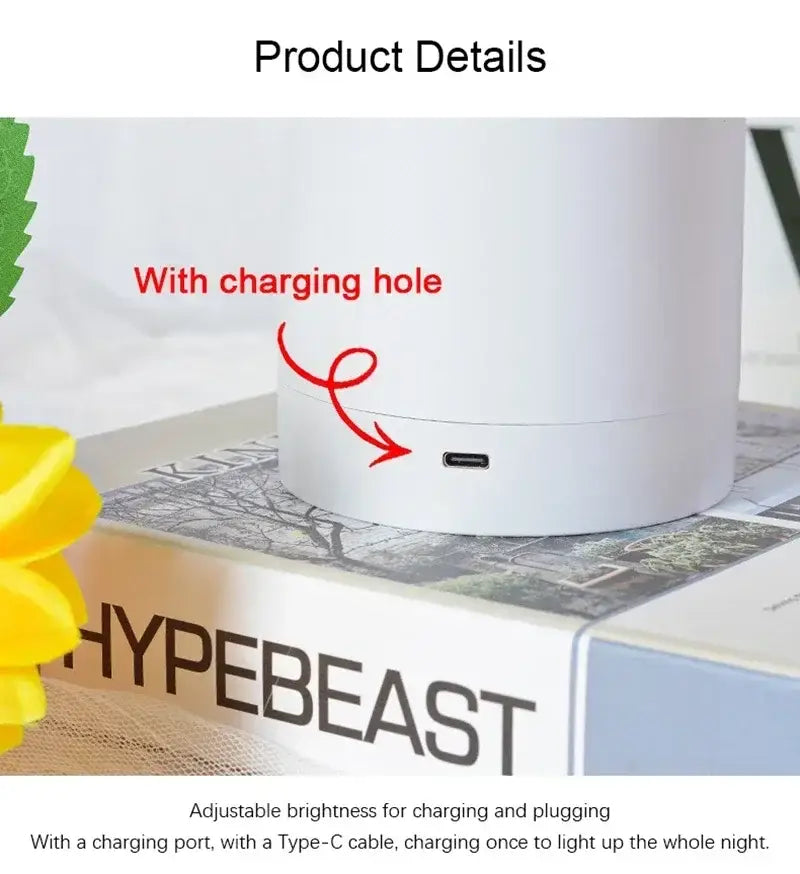 White cylindrical decorbites™ rechargeable sunflower led night light with usb-c charging port for bedroom use