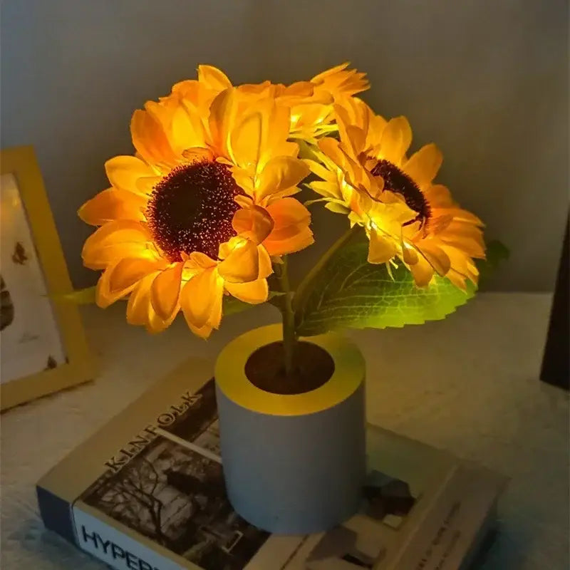 Decorbites rechargeable sunflower led night light with glowing yellow petals and blue pot with yellow rim for bedroom use