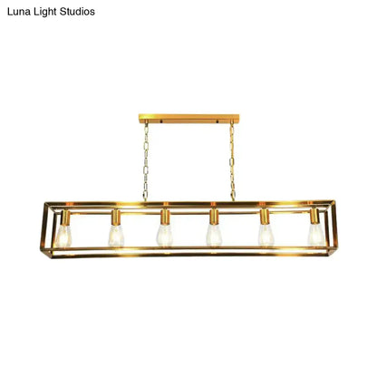 Gold-finished classic metal rectangular island pendant light with five exposed bulbs for dining room ceiling lighting