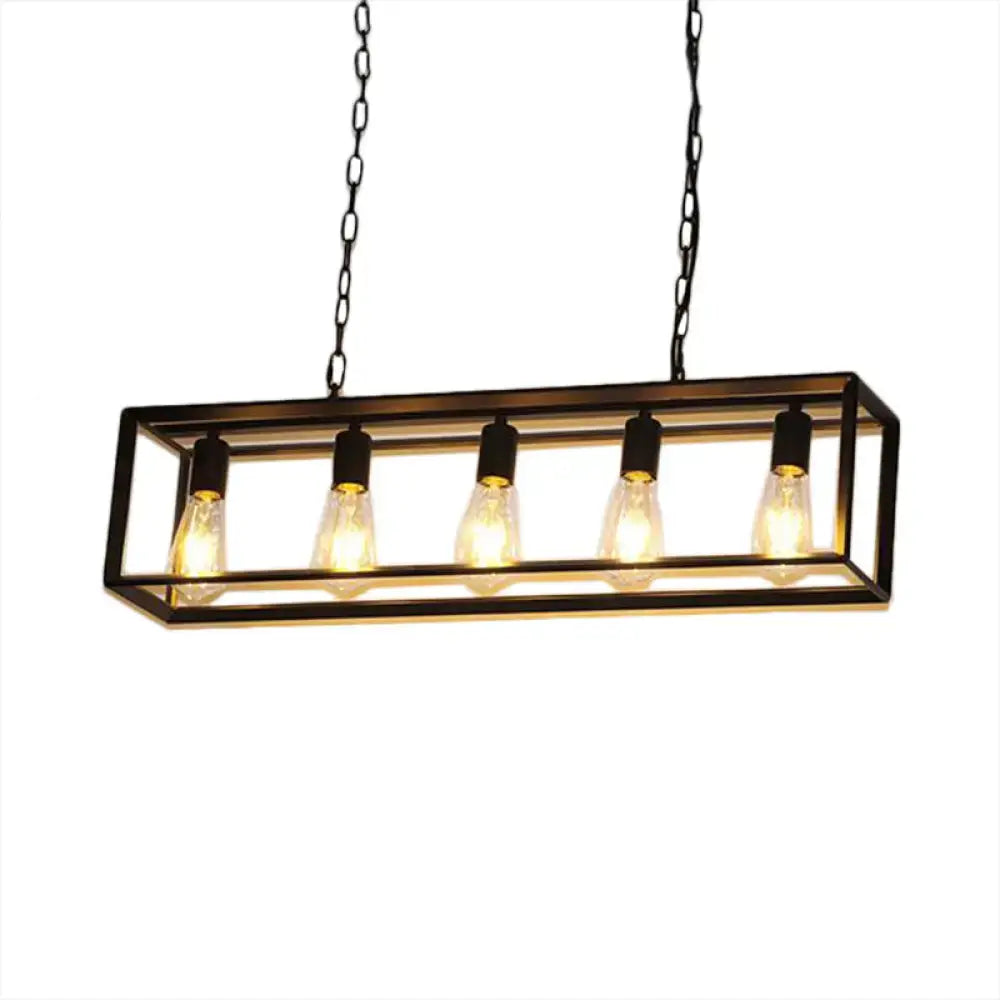 Decorbites™ rectangle island pendant black with five exposed edison bulbs in classic metal frame for dining room lighting