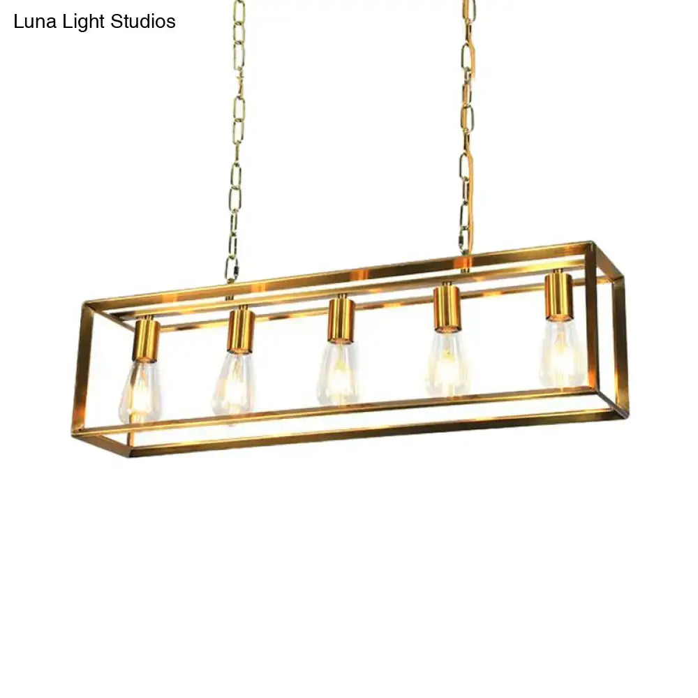 Gold-toned classic metal rectangle pendant light with five edison bulbs and chain suspension for dining room lighting