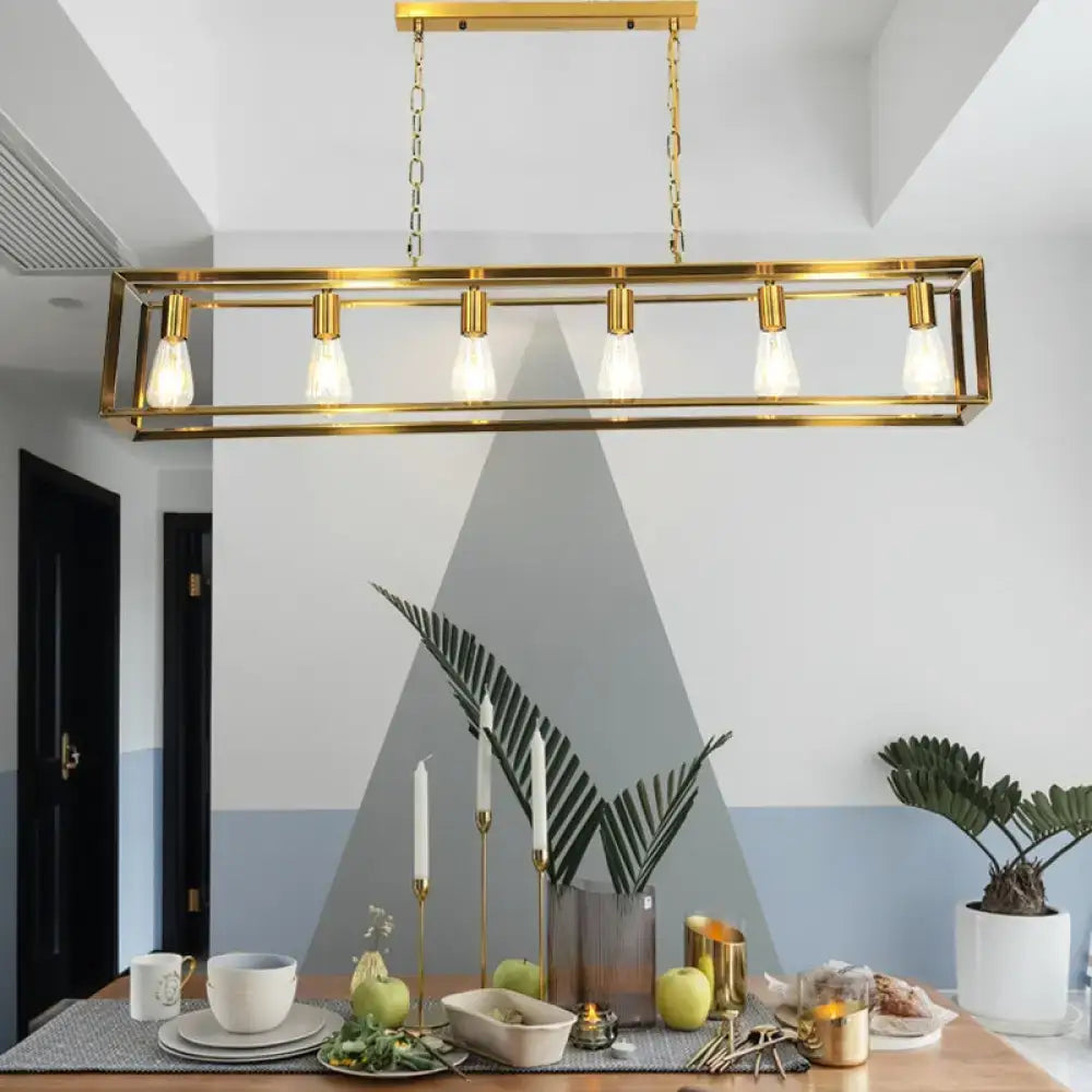 Gold-toned rectangle island pendant light with six exposed edison bulbs in classic metal for dining room lighting