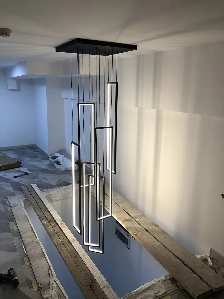 DecorBites™ rectangular led chandelier with modern luster rectangle design and glowing white panels suspended from ceiling mount