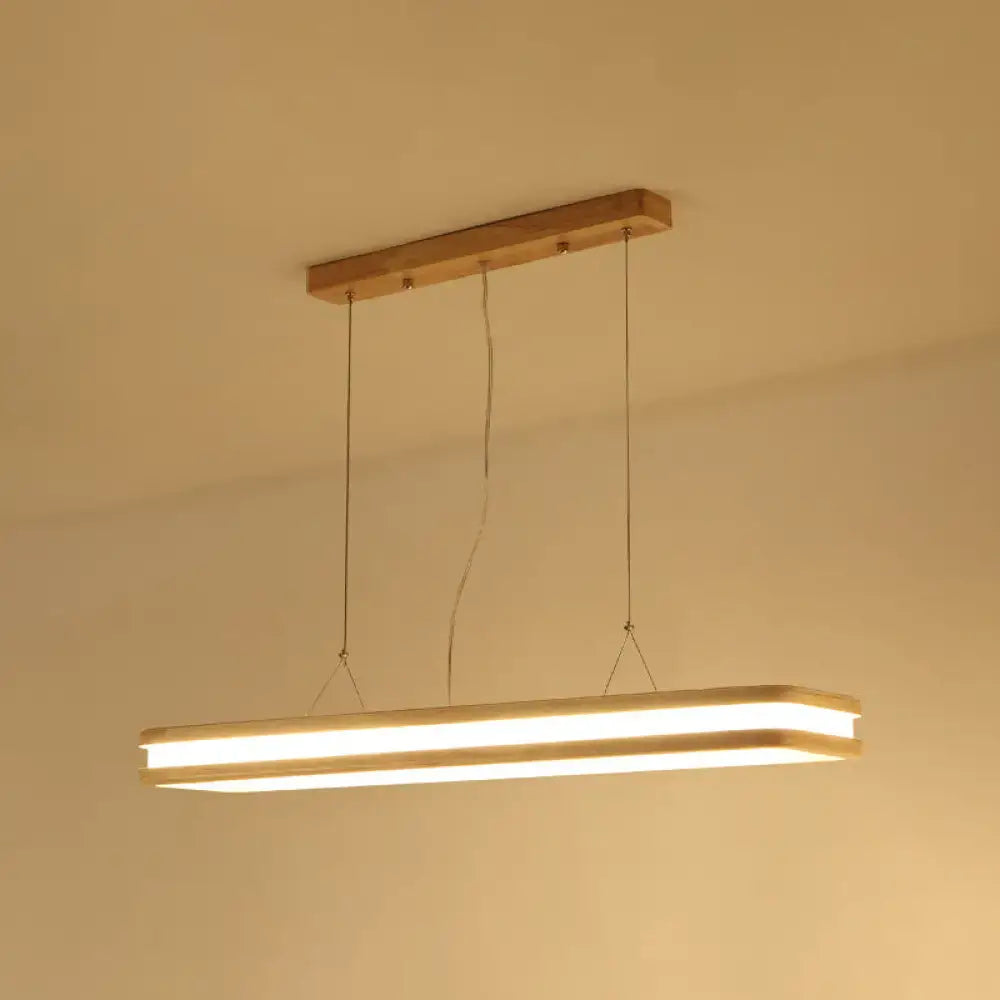 Decorbites rectangular wood island pendant light with warm white natural glow beige wood frame and metallic cords