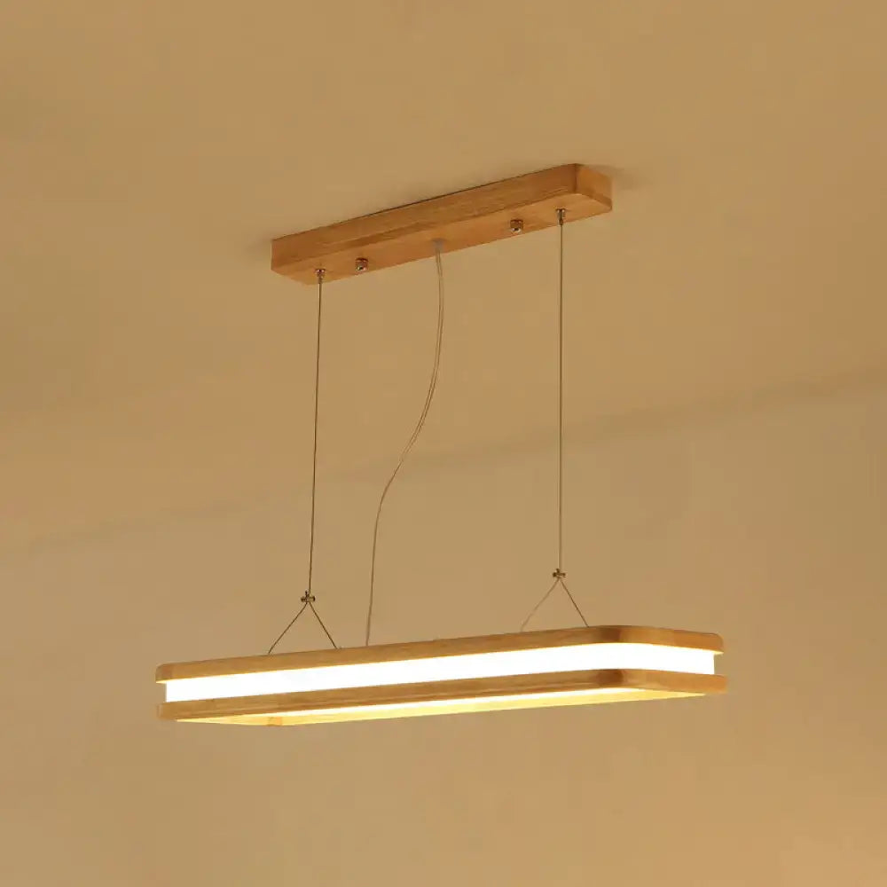 DecorBites rectangular wood island pendant light with warm white natural led strip in beige wood frame for dining room