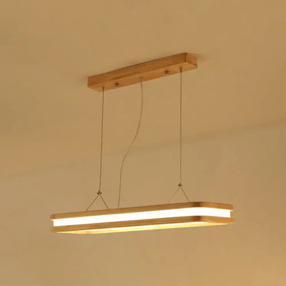 DecorBites rectangular wood island pendant light with warm white natural led strip in beige wood frame for dining room