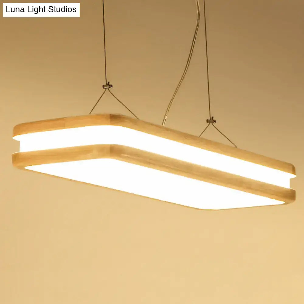 Modern rectangular pendant light with warm white natural led panel in natural wood frame for dining room lighting